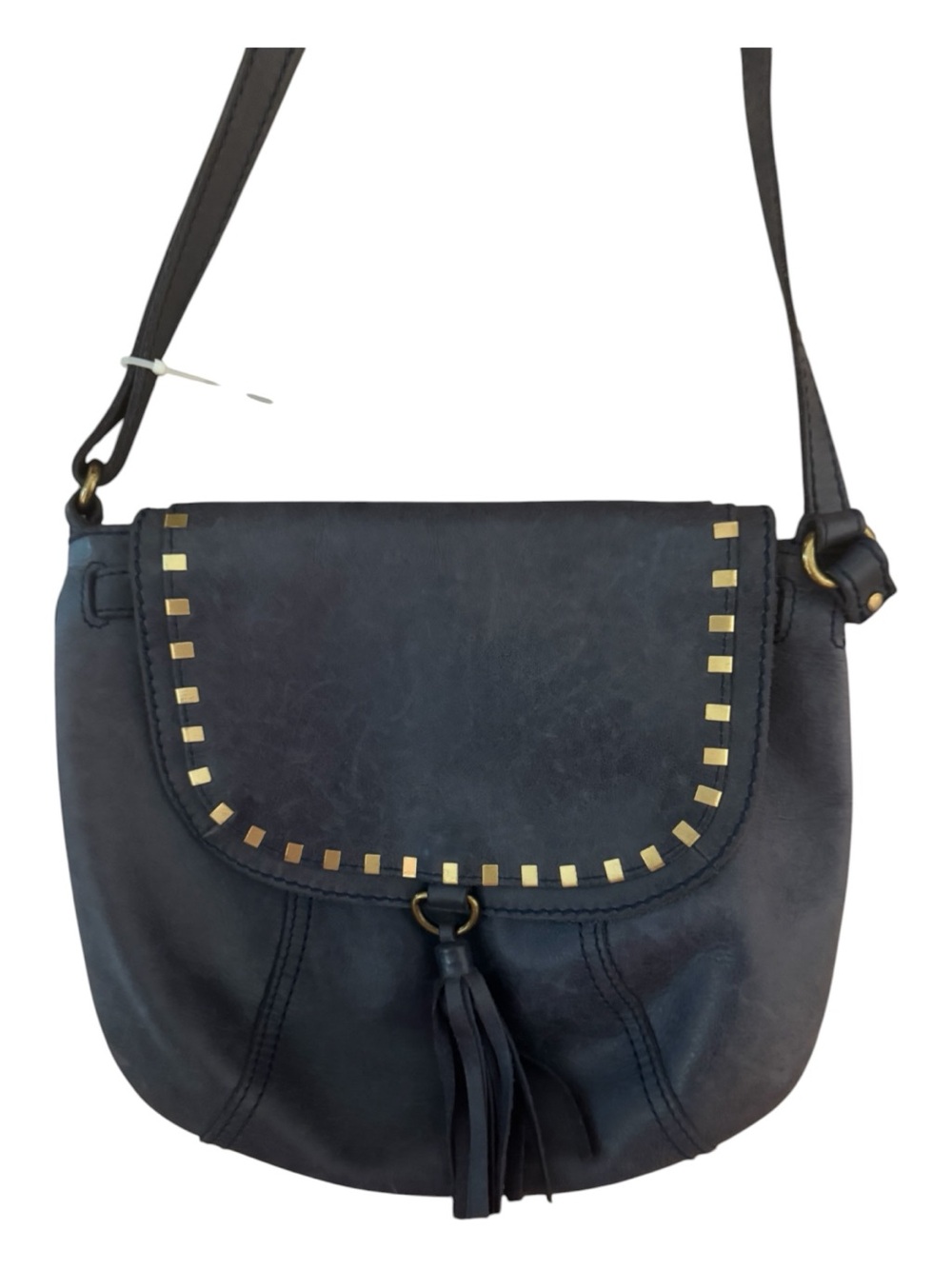 The Sak Serrano Leather Saddle Bag Navy Blue Gold Studs Tassel NWOT - Picture 3 of 5